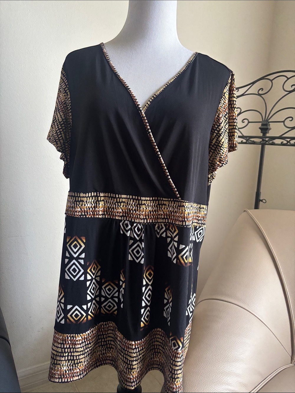 liz & co. Black Geometric Print Wrap-Style Tunic with Gold Accents